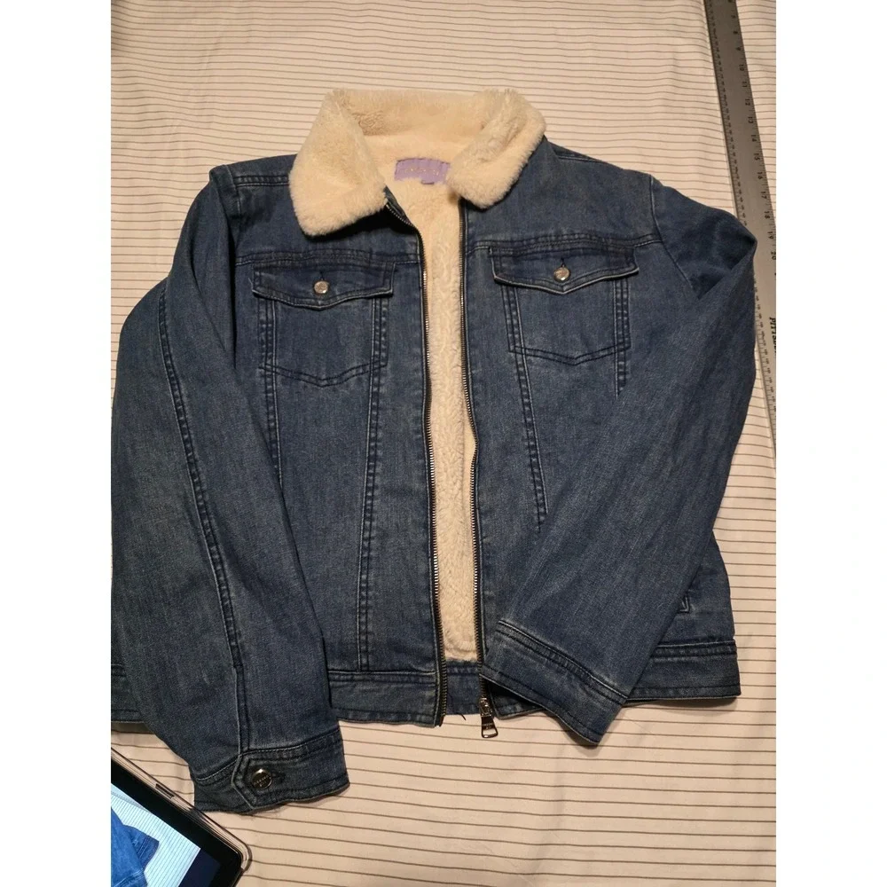 1077 Madden Girl Girls Blue Denim Faux Shearling Lined  Trucker Jacket XL 16